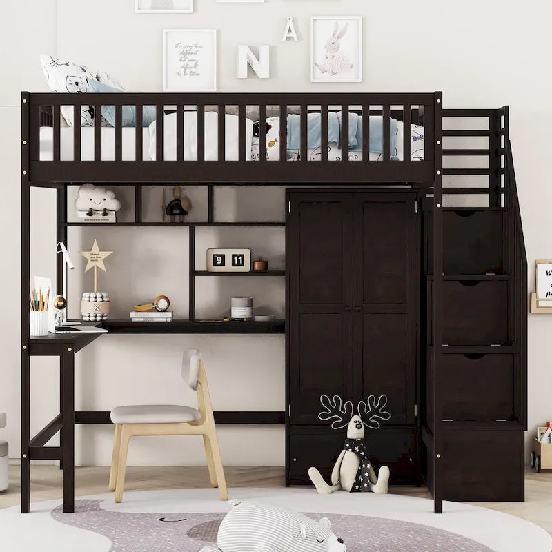 Nordic Creative Full Size Wood Loft Bed with Bookshelf, Drawers, Desk and Wardrobe Storage Bed Frame for Kids Teens Adults