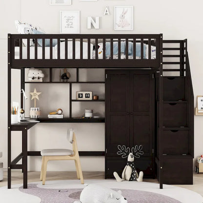 Nordic Creative Full Size Wood Loft Bed with Bookshelf, Drawers, Desk and Wardrobe Storage Bed Frame for Kids Teens Adults