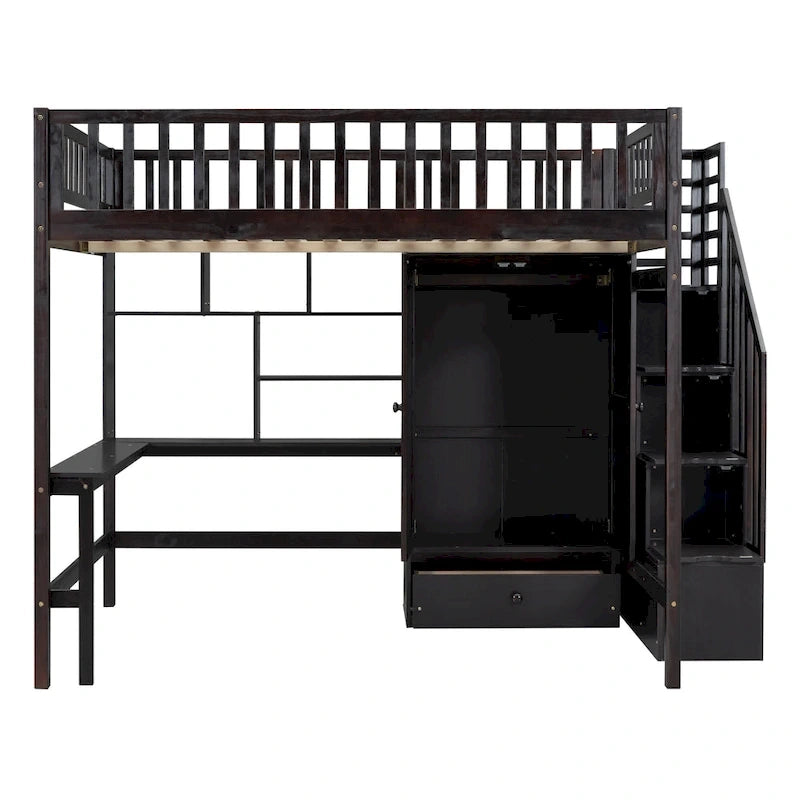 Nordic Creative Full Size Wood Loft Bed with Bookshelf, Drawers, Desk and Wardrobe Storage Bed Frame for Kids Teens Adults
