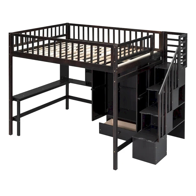 Nordic Creative Full Size Wood Loft Bed with Bookshelf, Drawers, Desk and Wardrobe Storage Bed Frame for Kids Teens Adults