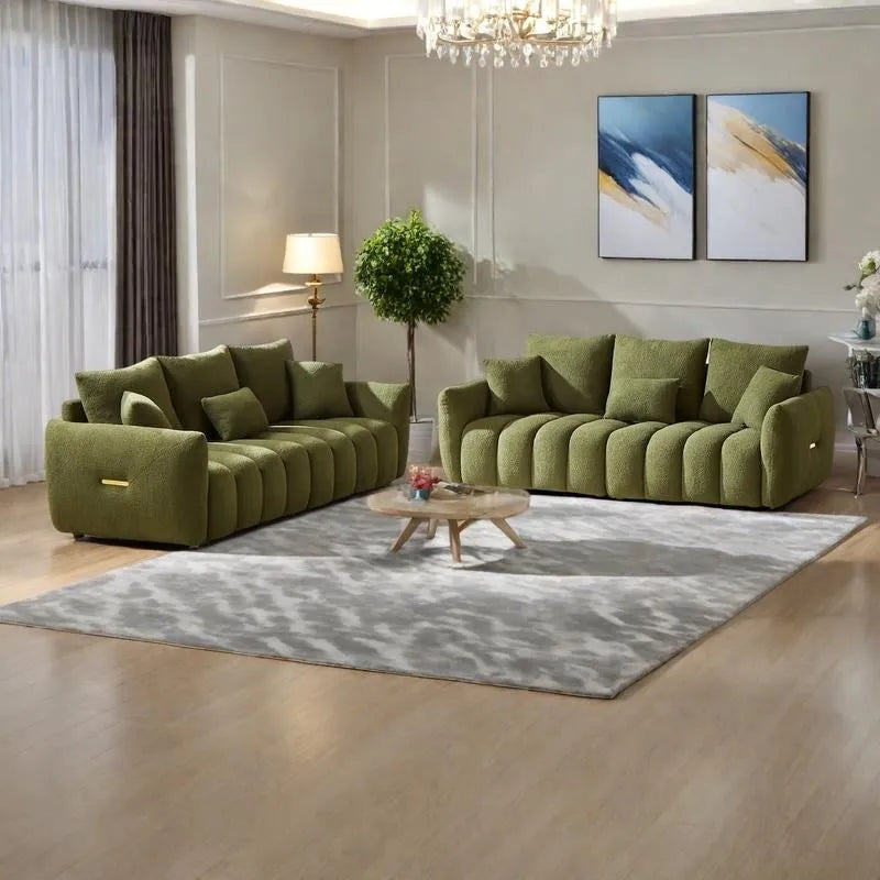 2-Pieces 6-Seat Teddy Fabric Sectional Sofa Set (3+3) with Wooden Frame & 6 Pillows - image 1