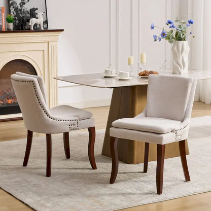 Double-layer Cushioned Dining Chairs Set of 2 Chenille Mid-Back Chair with Nailhead Trim Side Chair with Bent Wood Legs