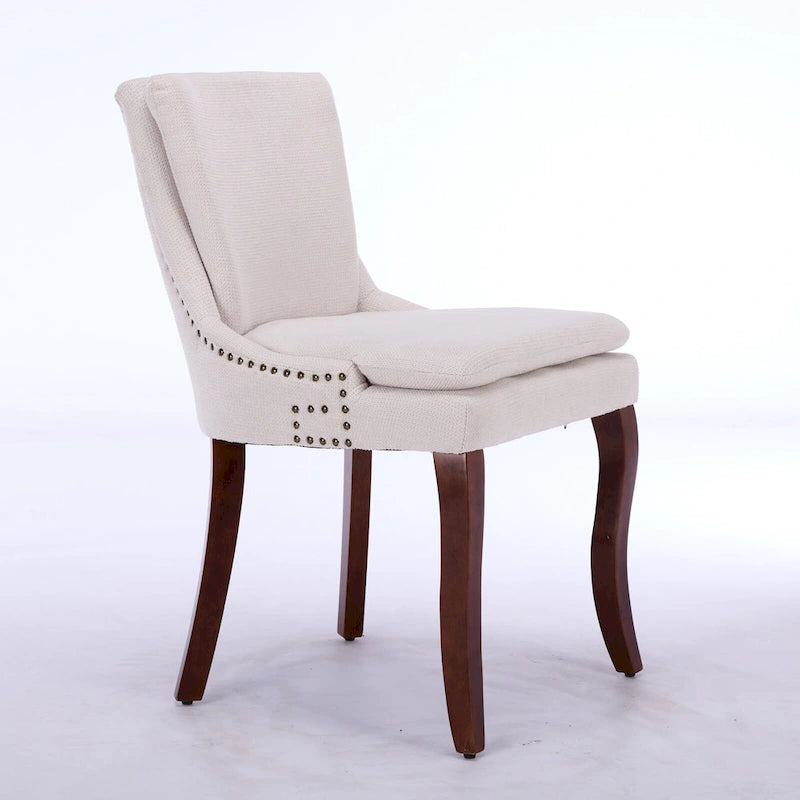 Double-layer Cushioned Dining Chairs Set of 2 Chenille Mid-Back Chair with Nailhead Trim Side Chair with Bent Wood Legs