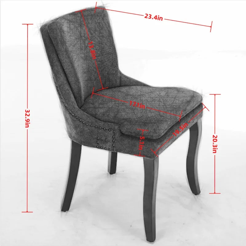 Double-layer Cushioned Dining Chairs Set of 2 Chenille Mid-Back Chair with Nailhead Trim Side Chair with Bent Wood Legs