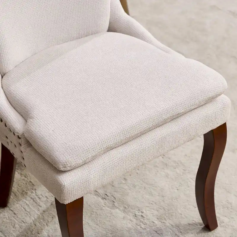 Double-layer Cushioned Dining Chairs Set of 2 Chenille Mid-Back Chair with Nailhead Trim Side Chair with Bent Wood Legs