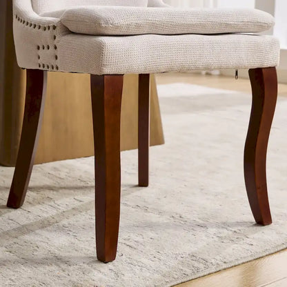 Double-layer Cushioned Dining Chairs Set of 2 Chenille Mid-Back Chair with Nailhead Trim Side Chair with Bent Wood Legs