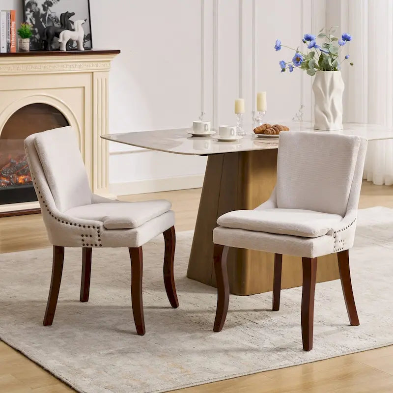Double-layer Cushioned Dining Chairs Set of 2 Chenille Mid-Back Chair with Nailhead Trim Side Chair with Bent Wood Legs