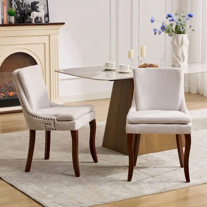 Double-layer Cushioned Dining Chairs Set of 2 Chenille Mid-Back Chair with Nailhead Trim Side Chair with Bent Wood Legs