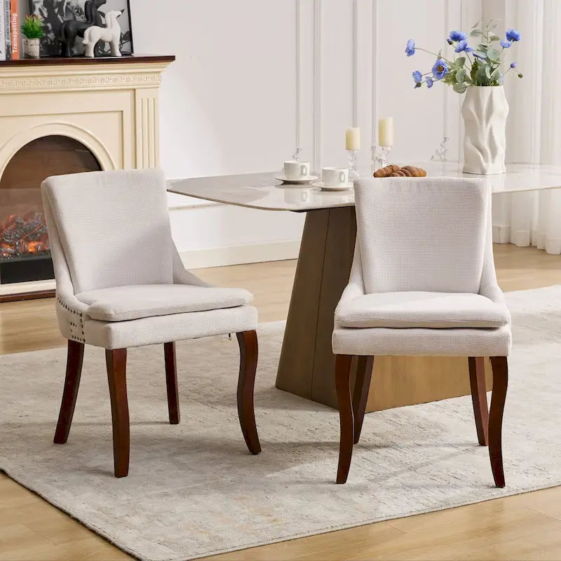 Double-layer Cushioned Dining Chairs Set of 2 Chenille Mid-Back Chair with Nailhead Trim Side Chair with Bent Wood Legs