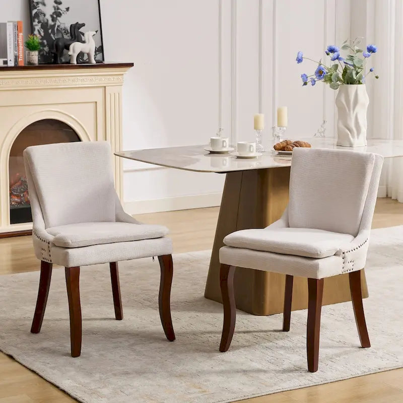Double-layer Cushioned Dining Chairs Set of 2 Chenille Mid-Back Chair with Nailhead Trim Side Chair with Bent Wood Legs