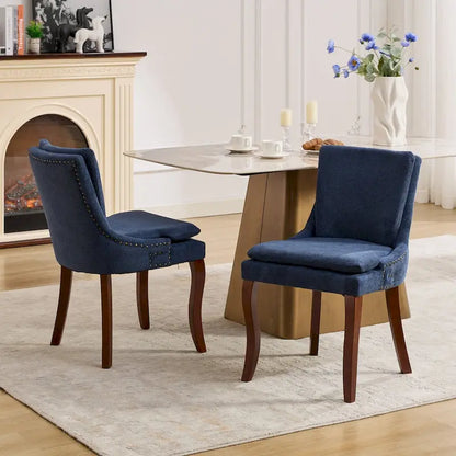Double-layer Cushioned Dining Chairs Set of 2 Chenille Mid-Back Chair with Nailhead Trim Side Chair with Bent Wood Legs
