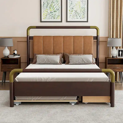 Queen Wood Platform Bed with 2 Drawers & Twin XL Trundle