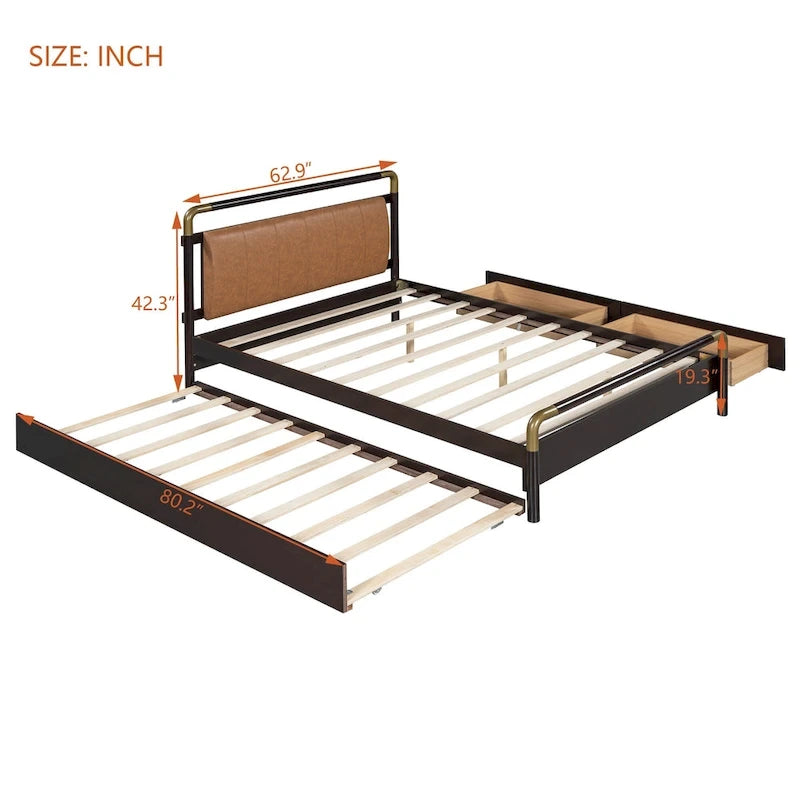 Queen Wood Platform Bed with 2 Drawers & Twin XL Trundle