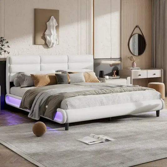 King Size Upholstered Platform Bed with LED Light Strips,Beige