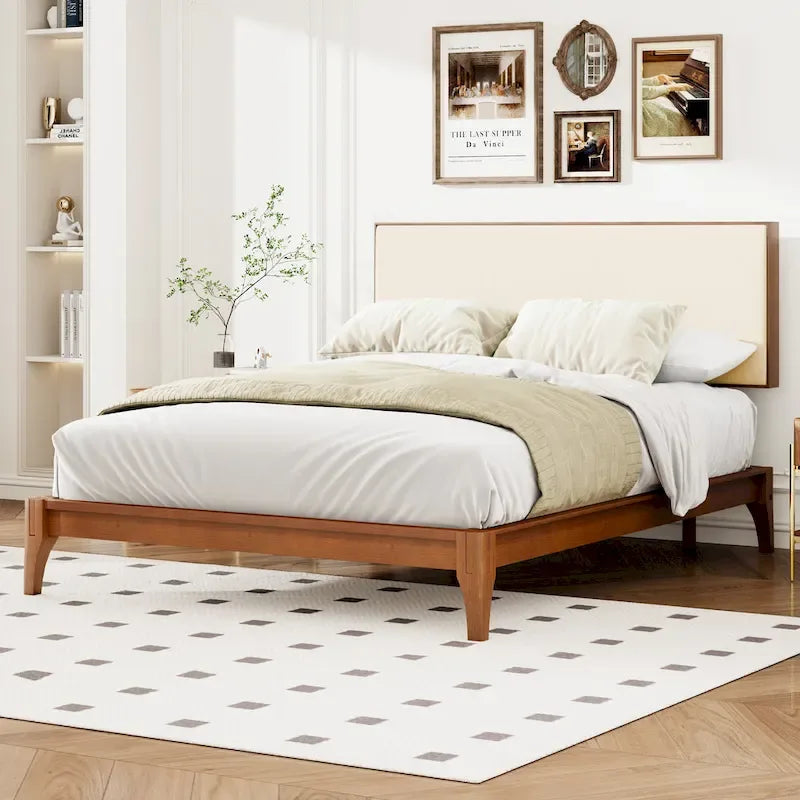 Elegant Solid Bamboo Wood Platform Bed with Upholstered Adjustable Headboard