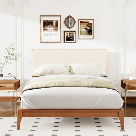 Elegant Solid Bamboo Wood Platform Bed with Upholstered Adjustable Headboard