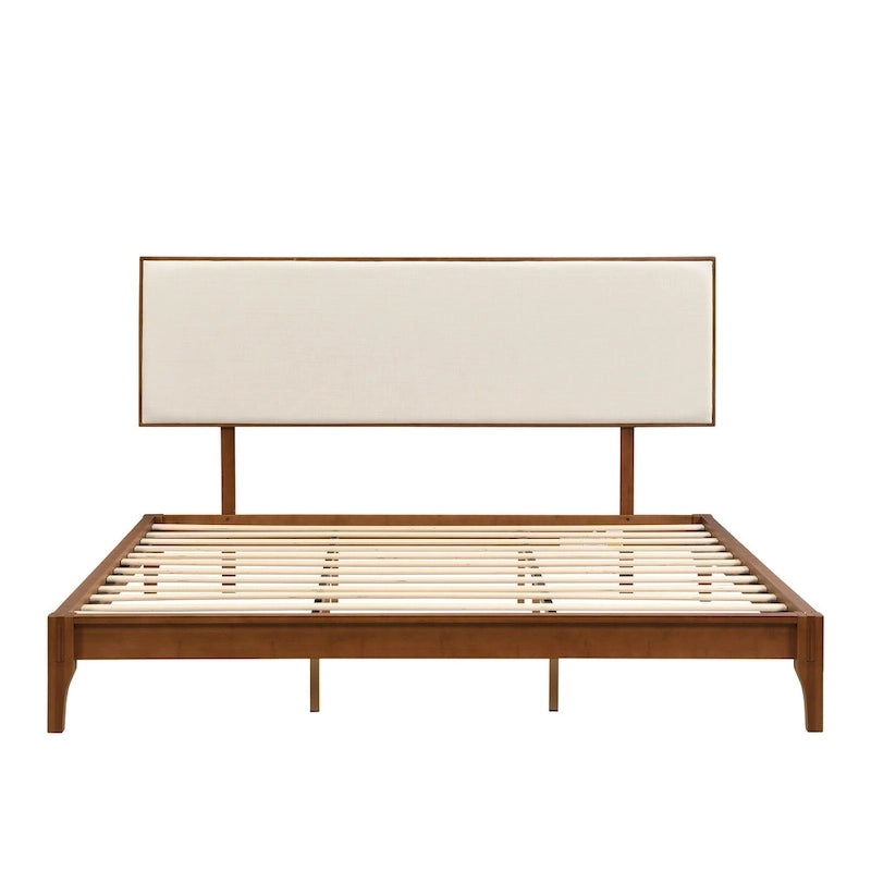 Elegant Solid Bamboo Wood Platform Bed with Upholstered Adjustable Headboard