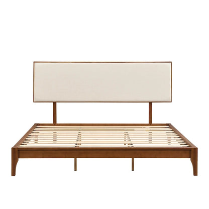 Elegant Solid Bamboo Wood Platform Bed with Upholstered Adjustable Headboard