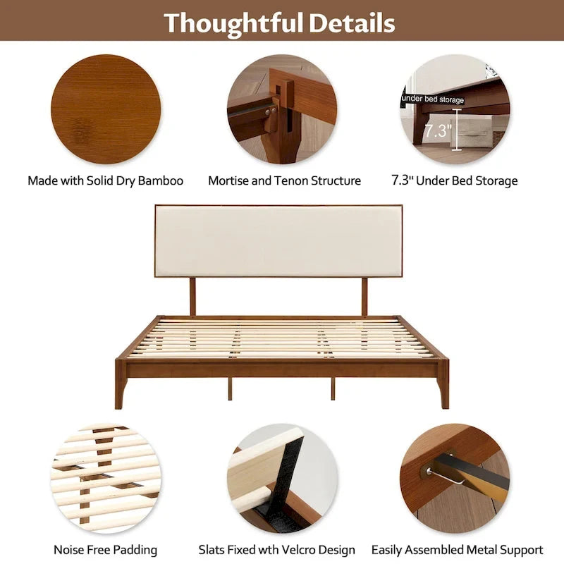 Elegant Solid Bamboo Wood Platform Bed with Upholstered Adjustable Headboard
