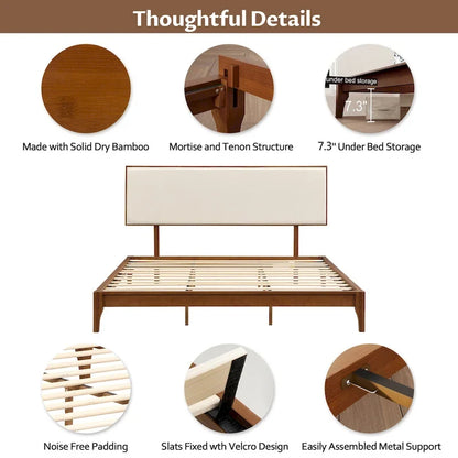 Elegant Solid Bamboo Wood Platform Bed with Upholstered Adjustable Headboard