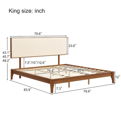 Elegant Solid Bamboo Wood Platform Bed with Upholstered Adjustable Headboard