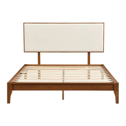 Elegant Solid Bamboo Wood Platform Bed with Upholstered Adjustable Headboard