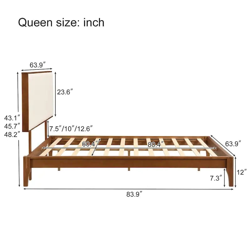 Elegant Solid Bamboo Wood Platform Bed with Upholstered Adjustable Headboard