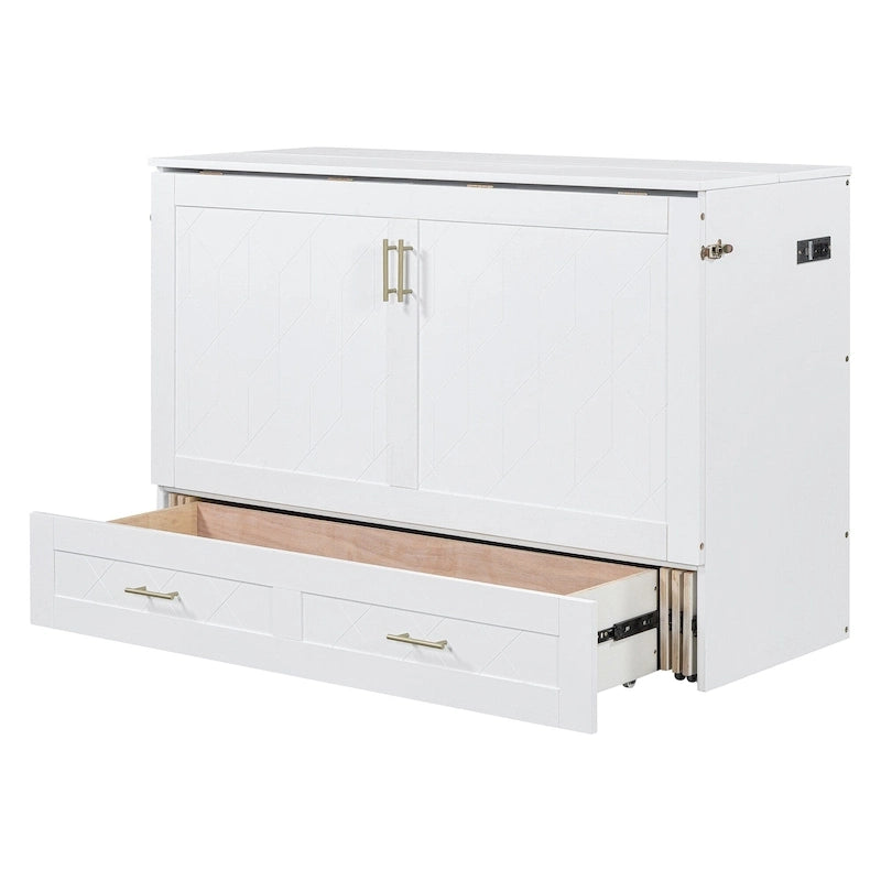 Full Size Murphy Bed Wall Bed with drawer and a set of Sockets & USB Ports, Pulley Structure Design