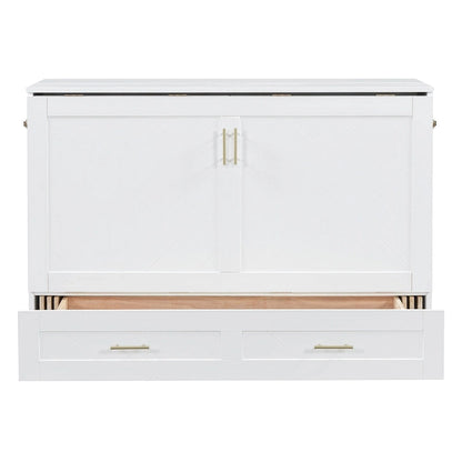 Full Size Murphy Bed Wall Bed with drawer and a set of Sockets & USB Ports, Pulley Structure Design