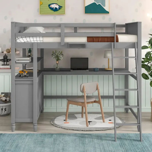 Full size Loft Bed with Drawers and Desk, Wooden Loft Bed with Shelves