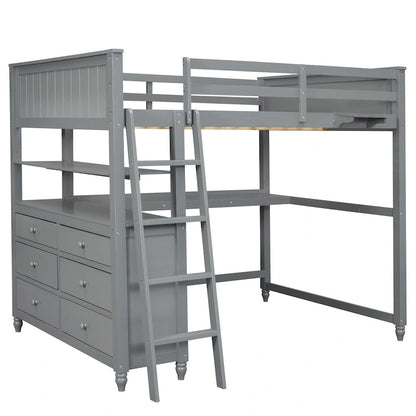 Full size Loft Bed with Drawers and Desk, Wooden Loft Bed with Shelves