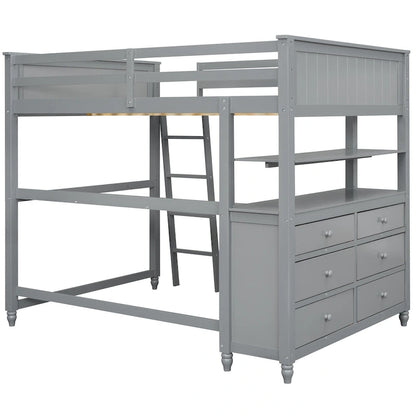 Full size Loft Bed with Drawers and Desk, Wooden Loft Bed with Shelves