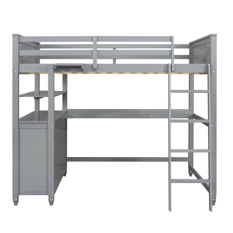Full size Loft Bed with Drawers and Desk, Wooden Loft Bed with Shelves