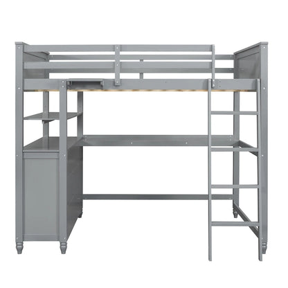 Full size Loft Bed with Drawers and Desk, Wooden Loft Bed with Shelves