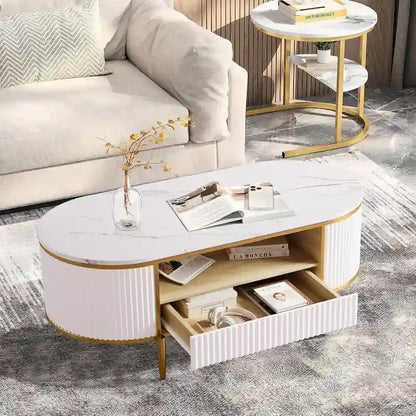 Modern Oval Coffee Table with Drawers for Living Room - N/A