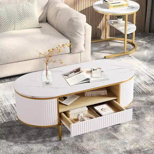 Modern Oval Coffee Table with Drawers for Living Room - N/A