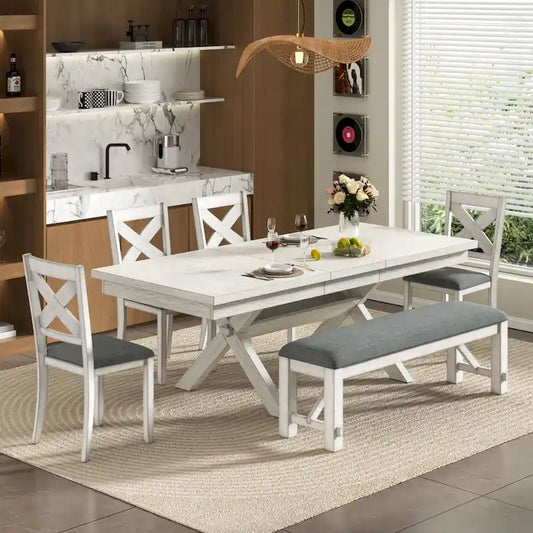 VECELO Dining Table Set with Bench, Solid Wood Rectangular Extendable Dining Table & 4 Solid Wood Dining Chairs