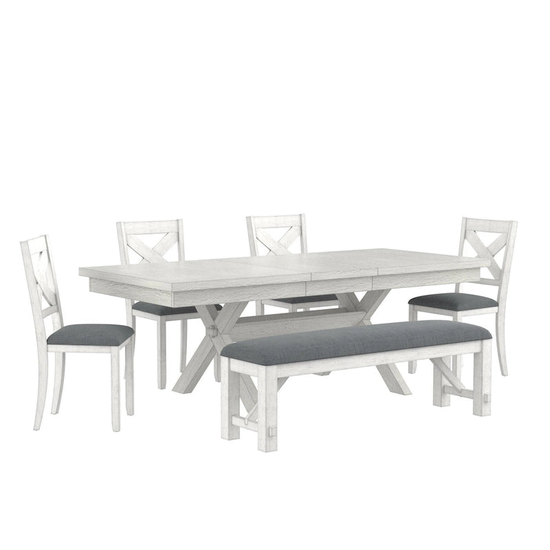 VECELO Dining Table Set with Bench, Solid Wood Rectangular Extendable Dining Table & 4 Solid Wood Dining Chairs