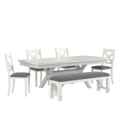 VECELO Dining Table Set with Bench, Solid Wood Rectangular Extendable Dining Table & 4 Solid Wood Dining Chairs