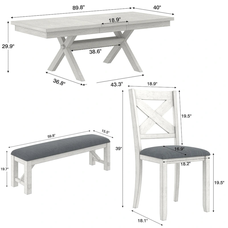 VECELO Dining Table Set with Bench, Solid Wood Rectangular Extendable Dining Table & 4 Solid Wood Dining Chairs
