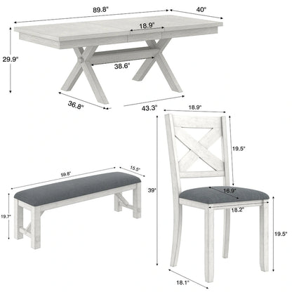 VECELO Dining Table Set with Bench, Solid Wood Rectangular Extendable Dining Table & 4 Solid Wood Dining Chairs