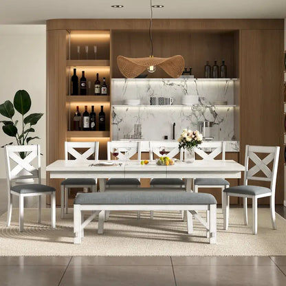 VECELO Dining Table Set with Bench, Solid Wood Rectangular Extendable Dining Table & 4 Solid Wood Dining Chairs