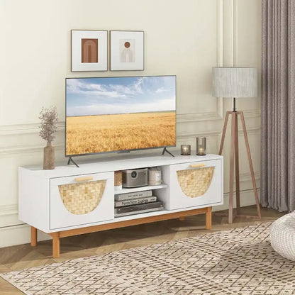 Costway TV Stand for 55-Inch TVs with 2 Drawers & Bamboo Woven Fronts - See Details
