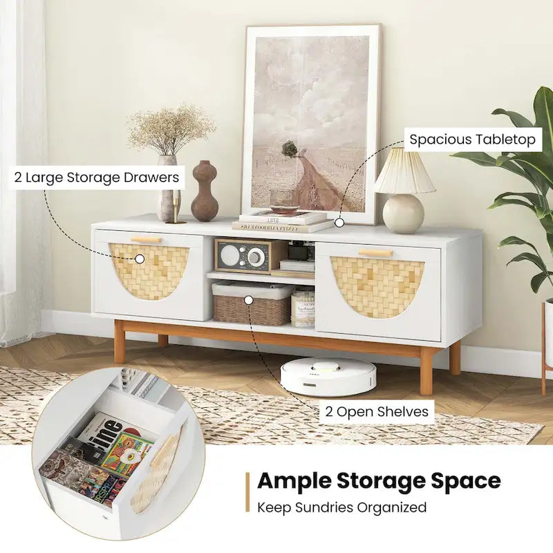 Costway TV Stand for 55-Inch TVs with 2 Drawers & Bamboo Woven Fronts - See Details