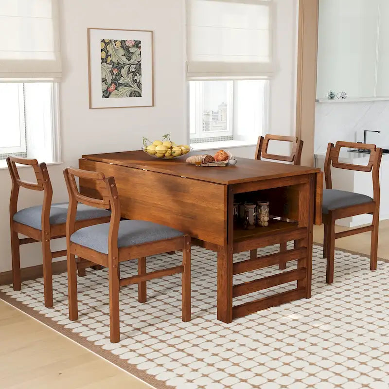 Extendable Wood Dining Table and Chairs Set Mid-Century Modern Dining Table and Chairs Set with 2 Drop Leaves and Storage Shelf