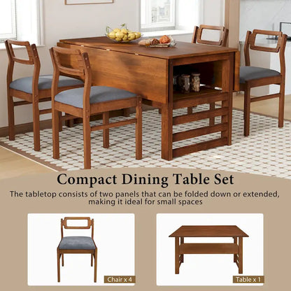 Extendable Wood Dining Table and Chairs Set Mid-Century Modern Dining Table and Chairs Set with 2 Drop Leaves and Storage Shelf