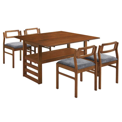 Extendable Wood Dining Table and Chairs Set Mid-Century Modern Dining Table and Chairs Set with 2 Drop Leaves and Storage Shelf