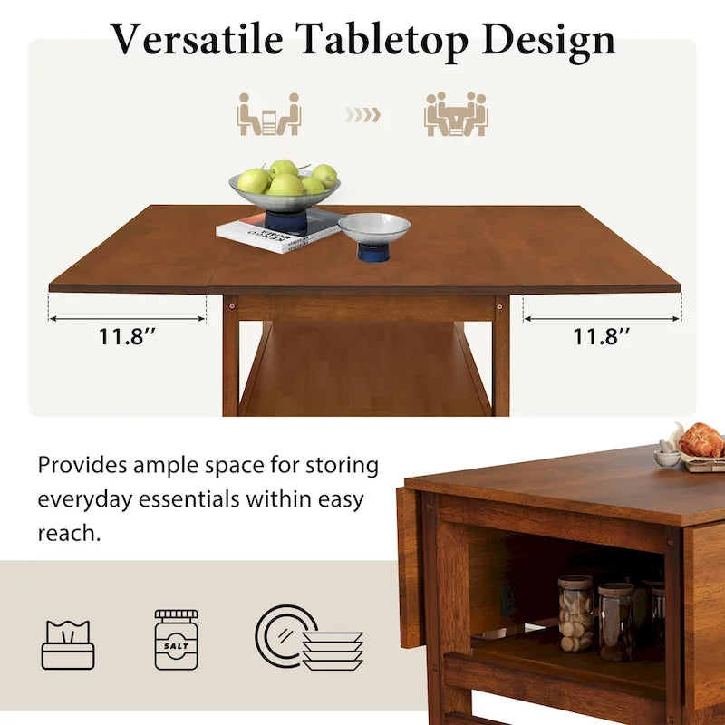 Extendable Wood Dining Table and Chairs Set Mid-Century Modern Dining Table and Chairs Set with 2 Drop Leaves and Storage Shelf