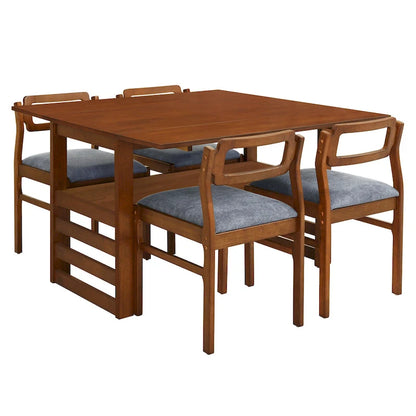 Extendable Wood Dining Table and Chairs Set Mid-Century Modern Dining Table and Chairs Set with 2 Drop Leaves and Storage Shelf