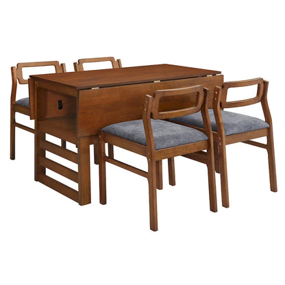 Extendable Wood Dining Table and Chairs Set Mid-Century Modern Dining Table and Chairs Set with 2 Drop Leaves and Storage Shelf